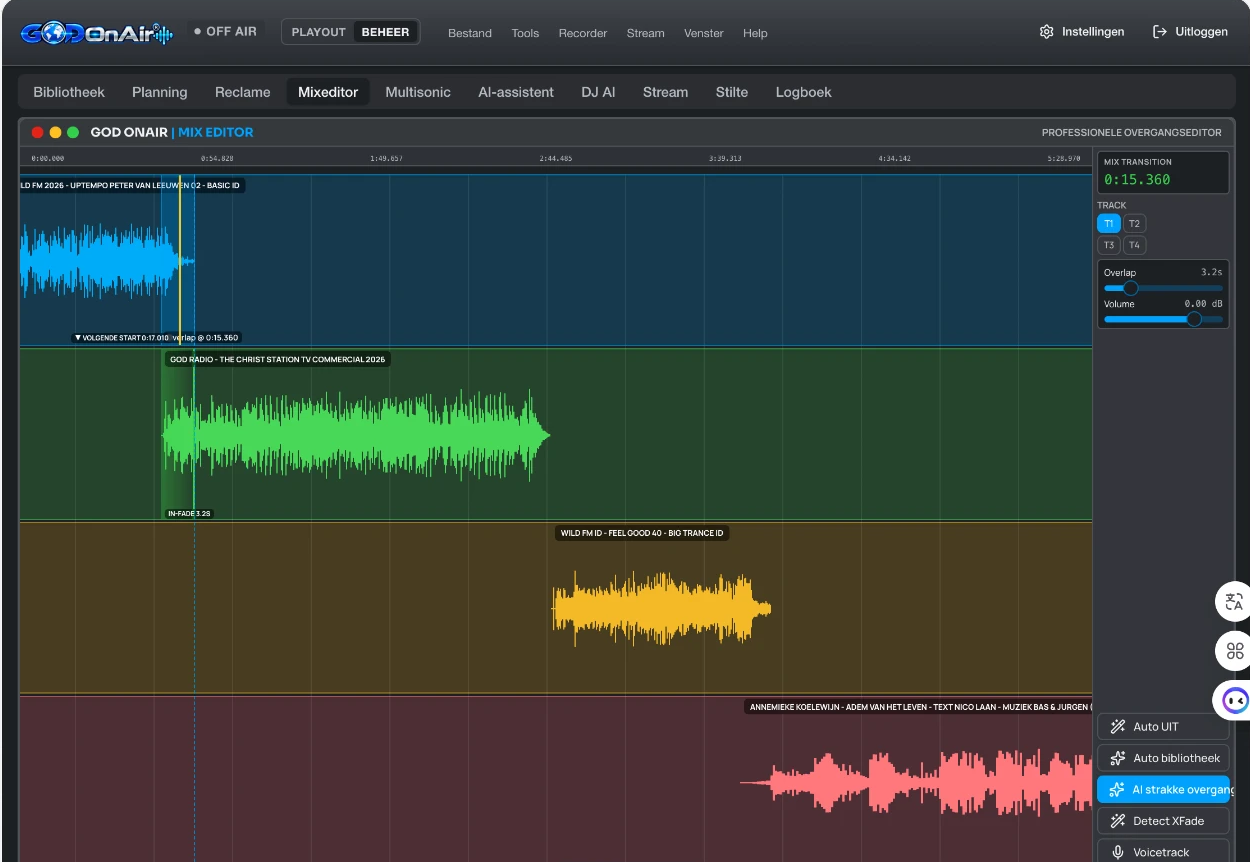 GOD On Air Mix Editor: vier audiosporen met golfvormen, overgangen, fade-curve en mix-timing